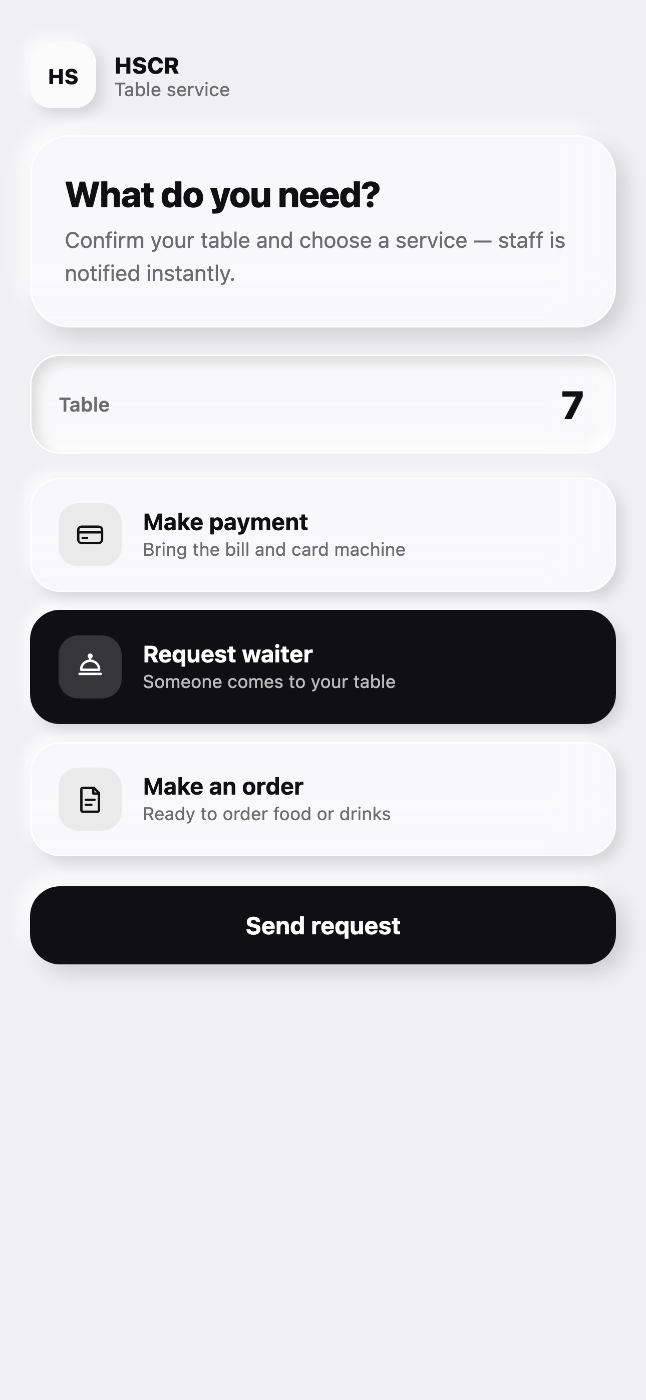 Guest ordering screen on an iPhone